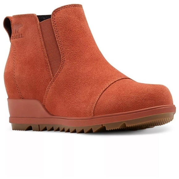 SOREL Evie Pul-On Warp Red Orange Gum Suede Wedge Bootie - size 9.5, NWT - Picture 1 of 15